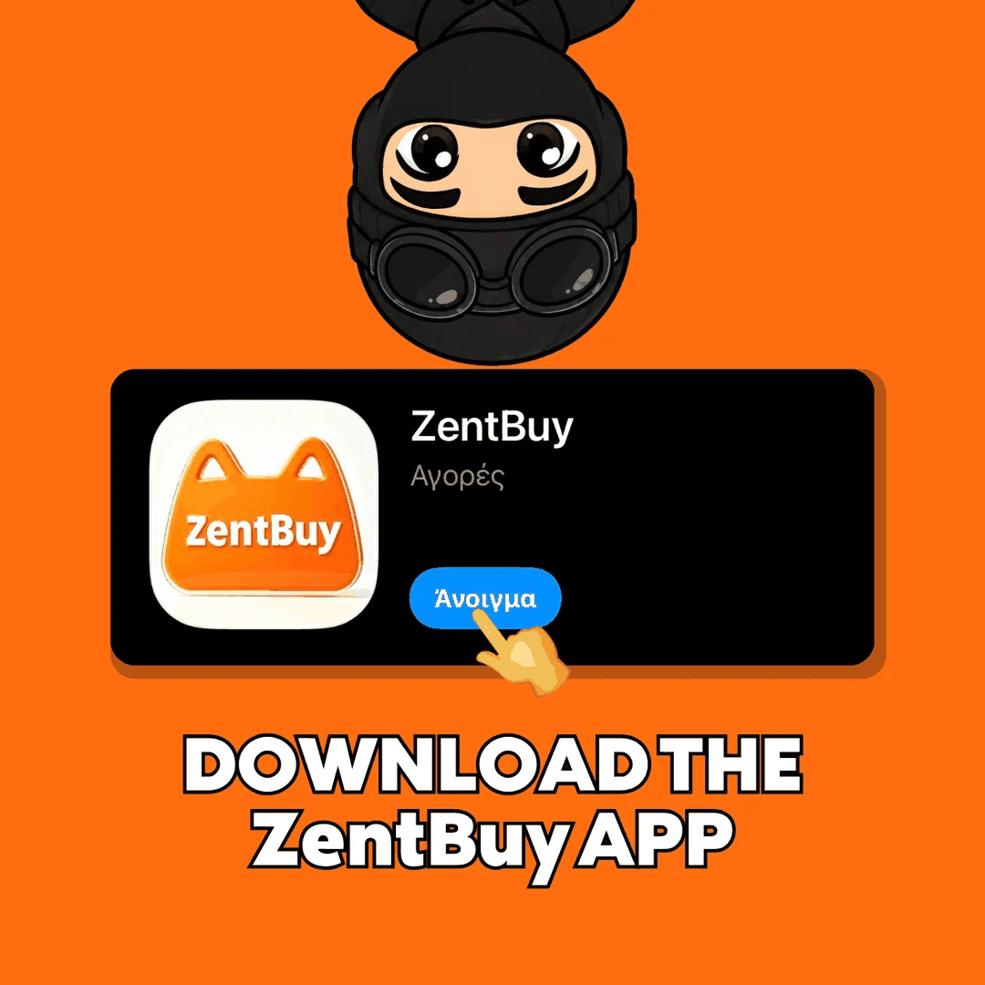 App listing card for the ZentBuy app, with a hand on the open button