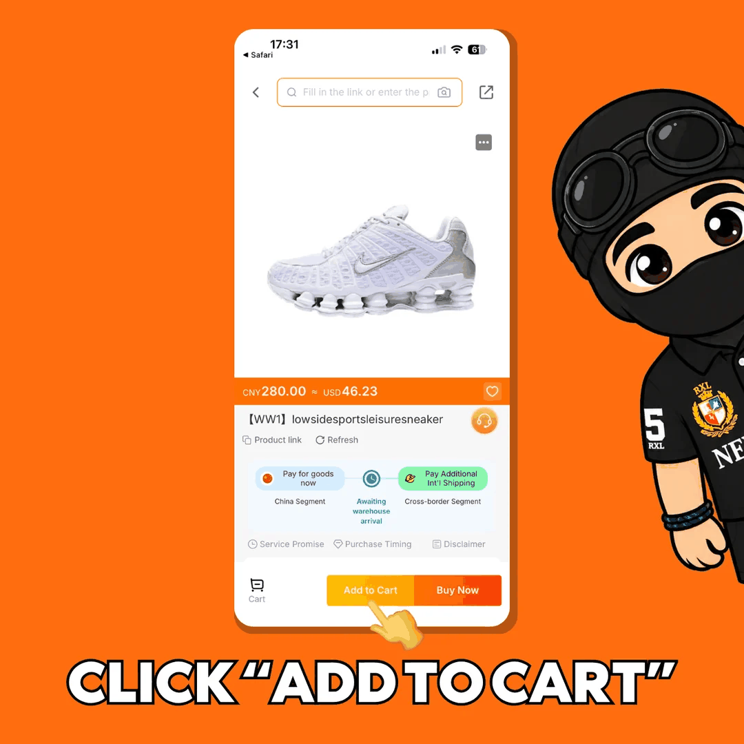 Product page with a hand on the add to cart button